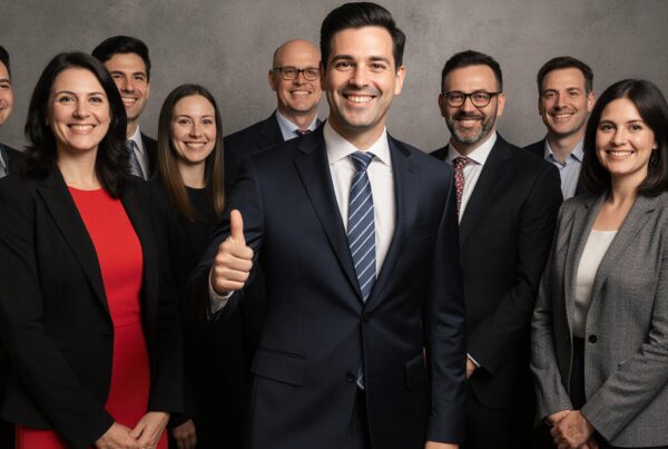 A diverse business team poses confidently in suits, embodying teamwork and success.