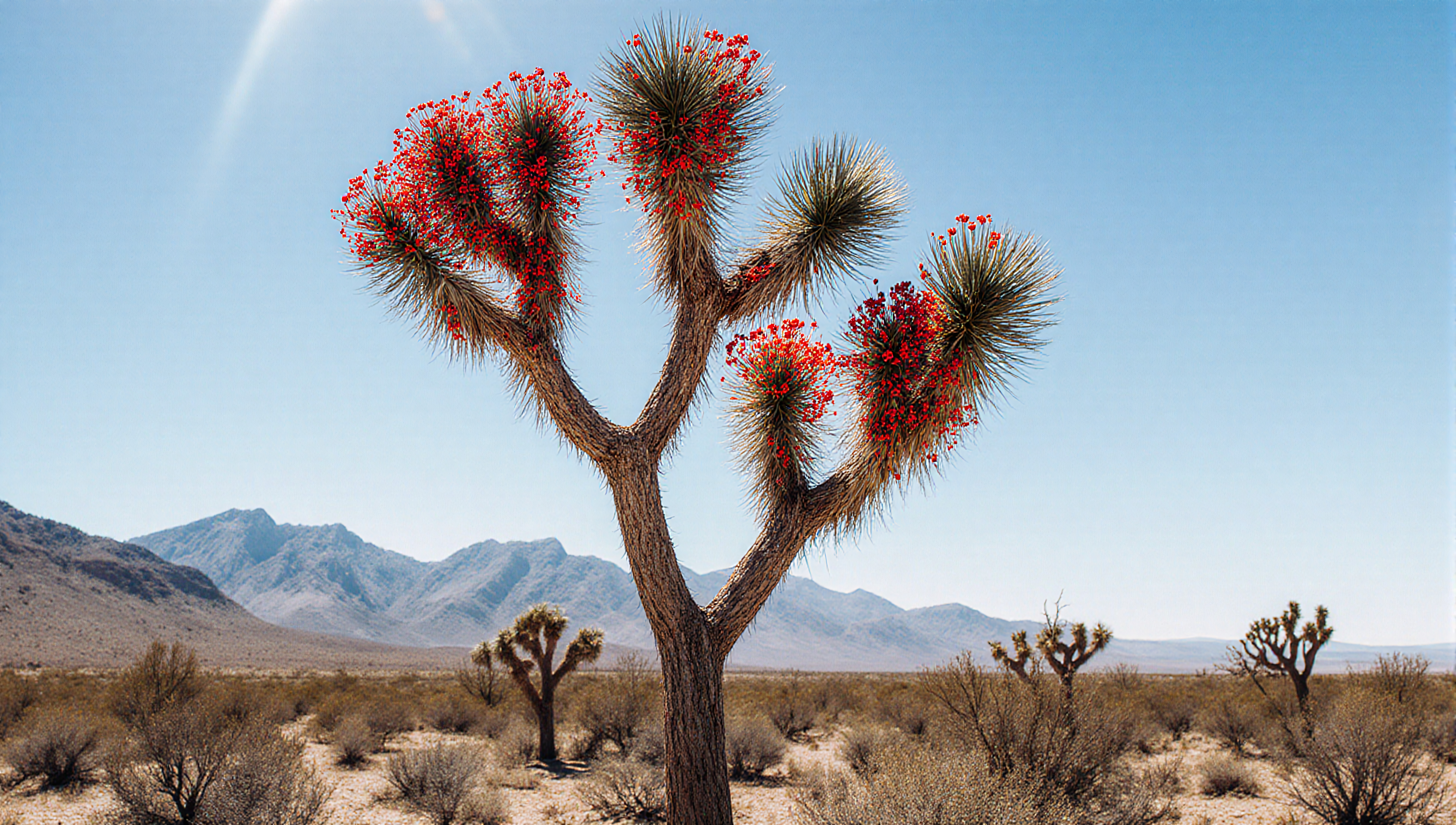 Joshua Tree with Red Flowers in Desert Landscape
