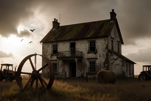Old farmhouse with tractors and rustic scenery in a moody, overcast field.