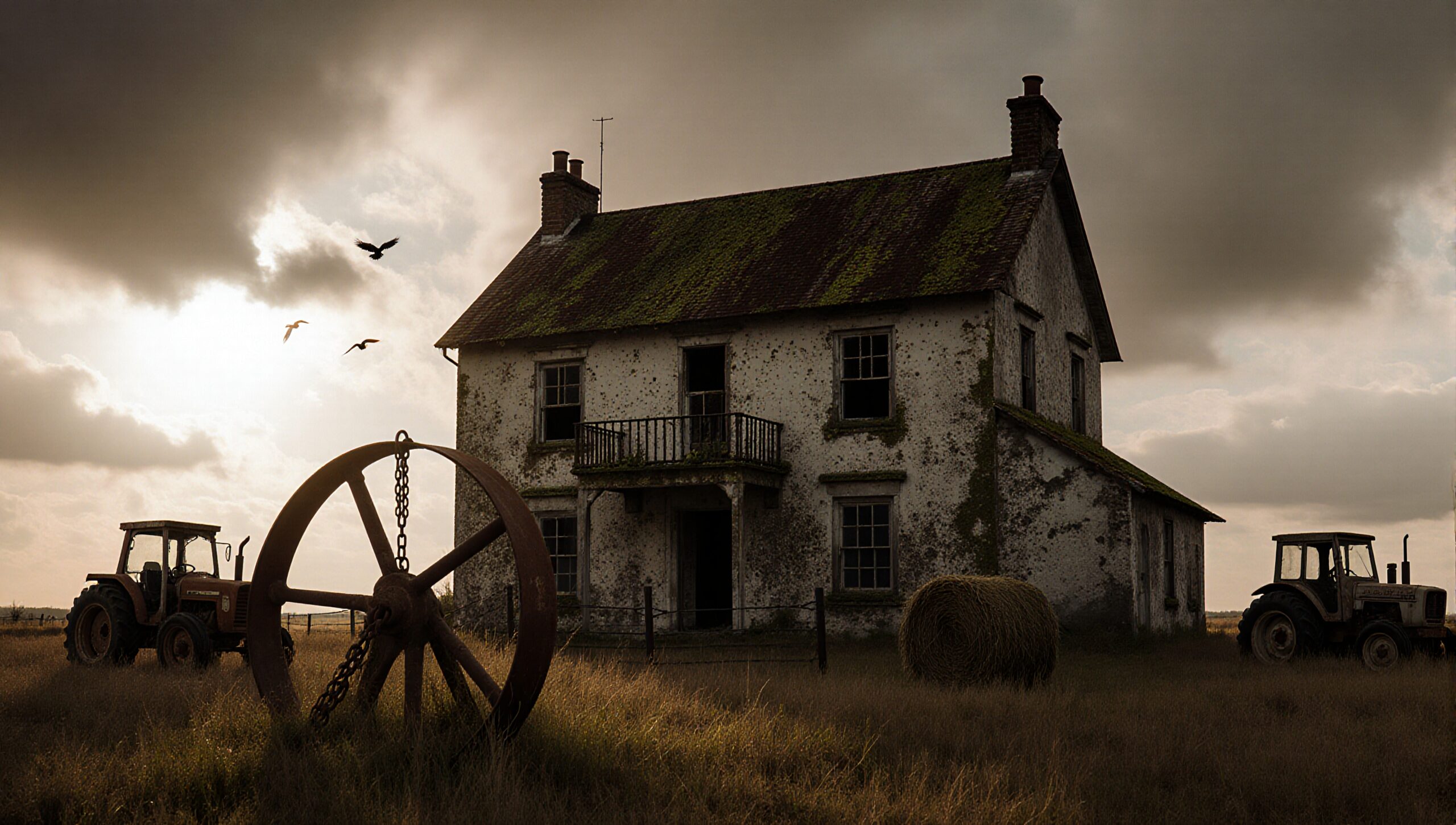 Rustic Farmhouse and Machinery Scene