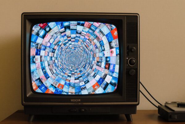 A vintage TV displays a mesmerizing spiral of images.
