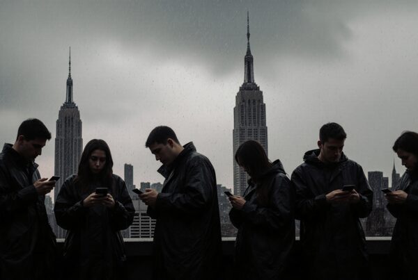 A group of people in raincoats focused on smartphones in front of the Empire State Building on a rainy day.