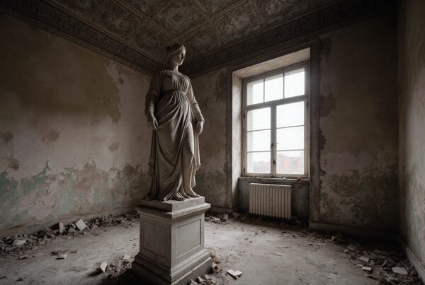 Classical statue in an abandoned room with ornate ceiling and peeling walls.