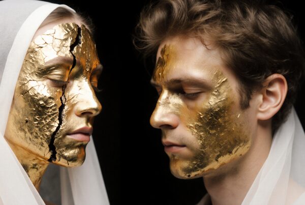 Models with intricately adorned gold-leafed faces.