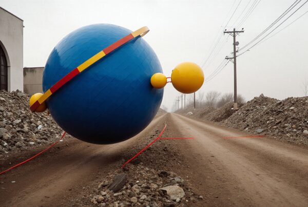 A surreal image of a giant blue sphere with yellow orbs on a deserted dirt road with construction surroundings.
