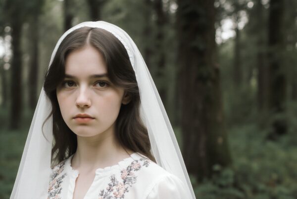 A young woman in a white veil stands contemplatively in a peaceful forest setting.