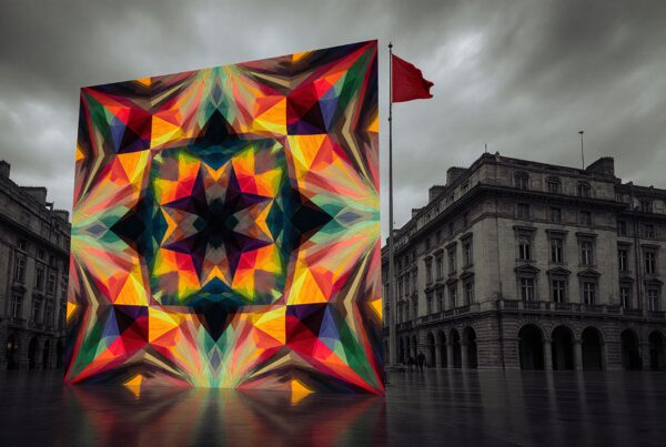 A vibrant geometric art installation contrasts against classical architecture in an urban square.