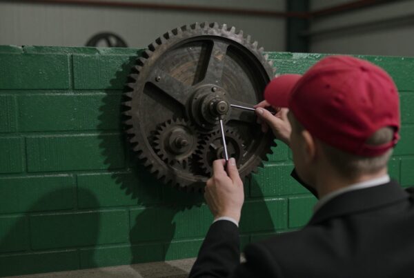 A man adjusts mechanical gears on a green brick wall.