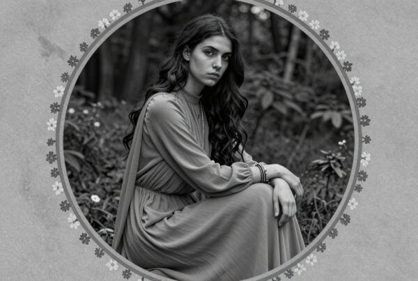 Woman in elegant dress posing thoughtfully amidst flowers framed in circular border for artistic portrait photo