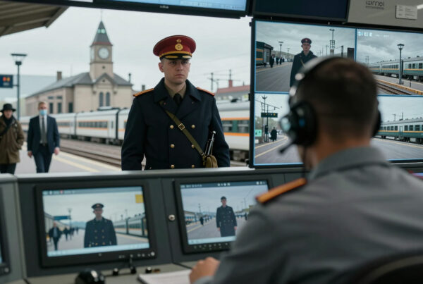 Train station security officer monitoring CCTV cameras