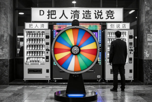 Man standing before colorful spin wheel in monochromatic futuristic arcade