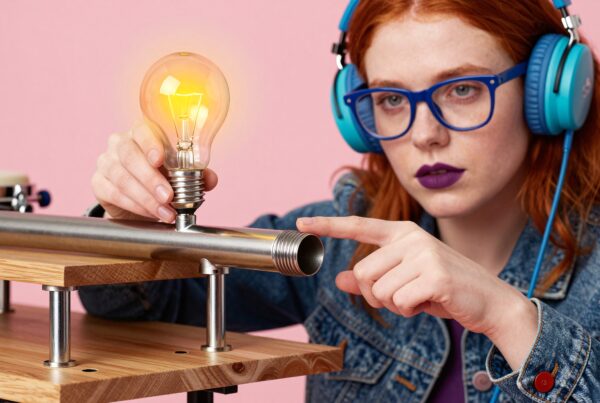A young woman examines a glowing lightbulb attached to a metal pipe, wearing blue headphones with a focused expression.