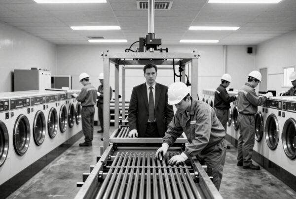 Factory laundry room workers inspecting industrial washing machines