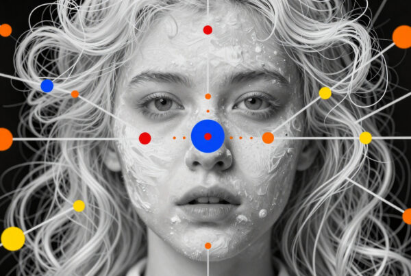 Futuristic girl face with colorful geometric constellation overlay