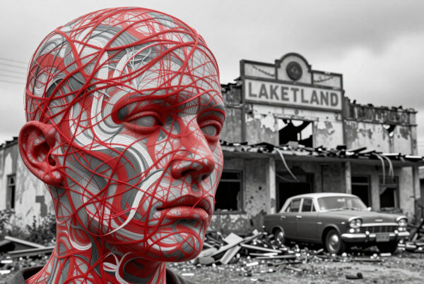 Surreal AI-generated man’s face covered in red wires set against ruined Laketland town backdrop