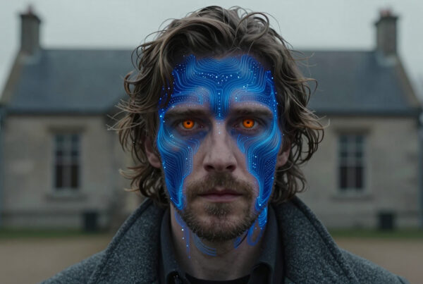 Man with glowing circuits and orange eyes standing outside old house in sci-fi style