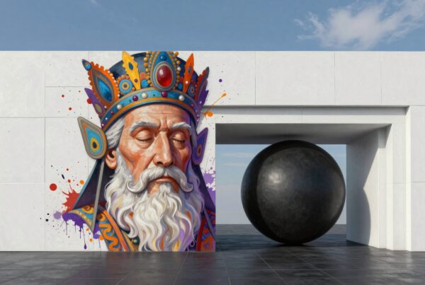 A vibrant mural of a king with a colorful crown, next to a black sphere inside a white geometric structure.