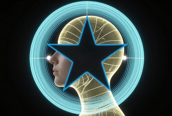 An abstract digital design featuring a profile with a glowing blue halo, wireframe head, and large black star.