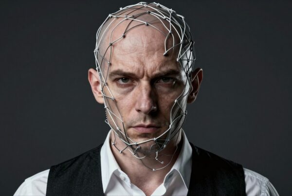 A bald man with wire sculpture on face, formal attire.
