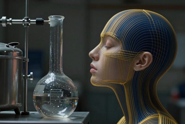A futuristic scene depicting a young woman with a technologically advanced helmet alongside lab equipment, representing human-machine integration.