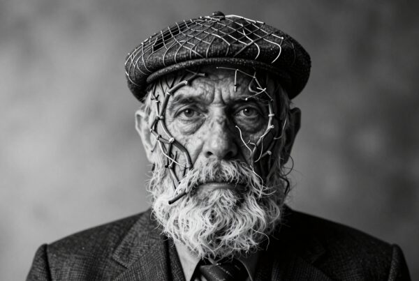 Black and white portrait of an elderly man with intricate wires on his face, wearing a hat and suit, creating an artistic and surreal expression.