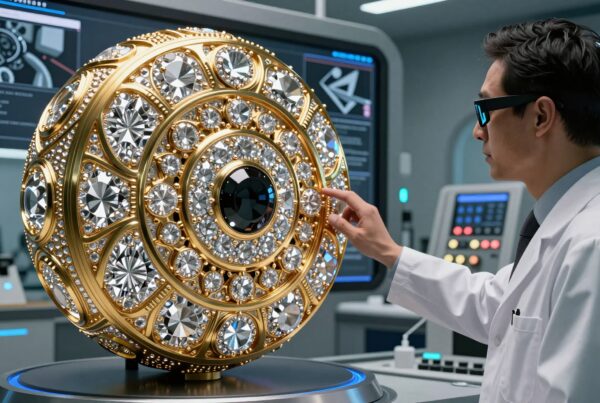 A scientist examines an ornate golden orb surrounded by technology in a futuristic laboratory setting.