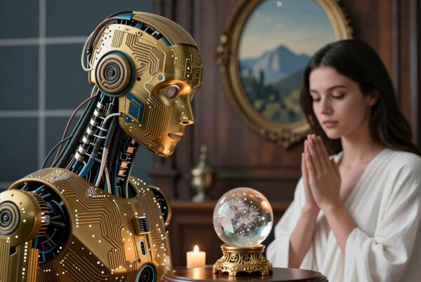 A humanoid robot and woman pray beside a glowing crystal ball, set against an elegant room, blending technology and mysticism.