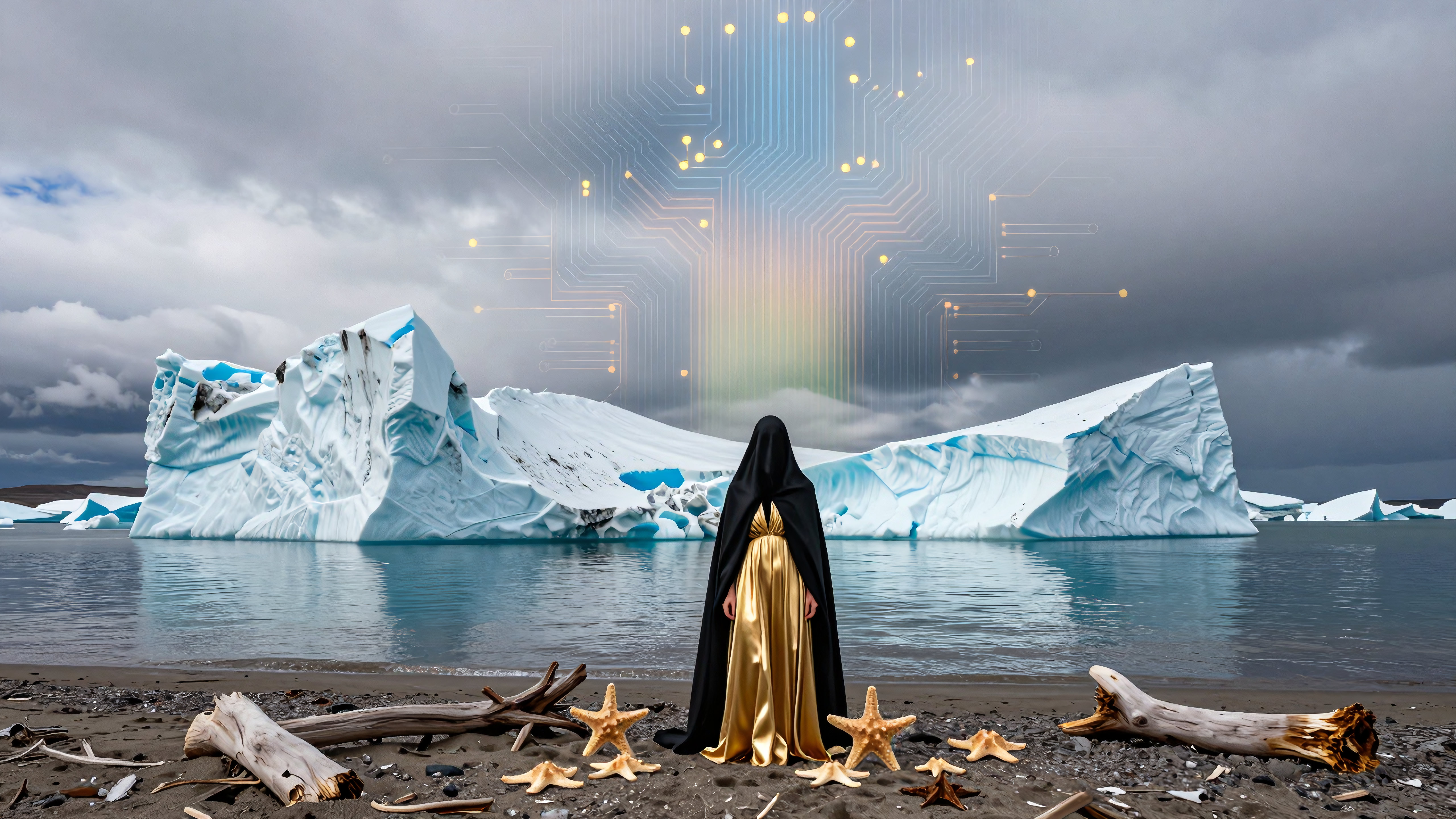 Hooded figure before icebergs with digital circuit