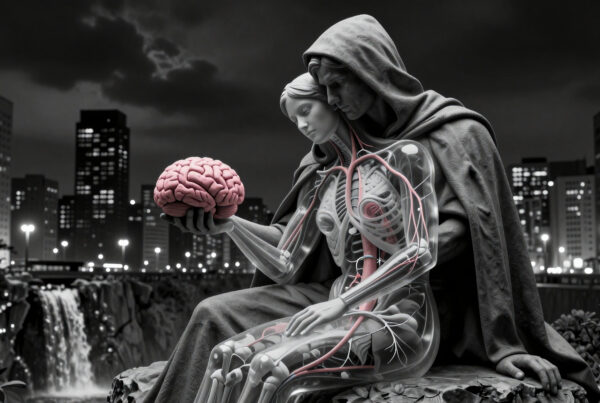 Statue holding brain with anatomically revealed partner overlooking city at night