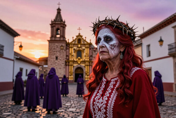 Elderly woman wearing sugar skull makeup crowned with thorn during Mexican Day of the Dead procession near historic church at sunset