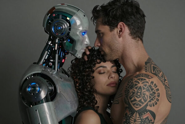 Human embraces robot companion in tender romantic pose, exploring future relationships beyond biology