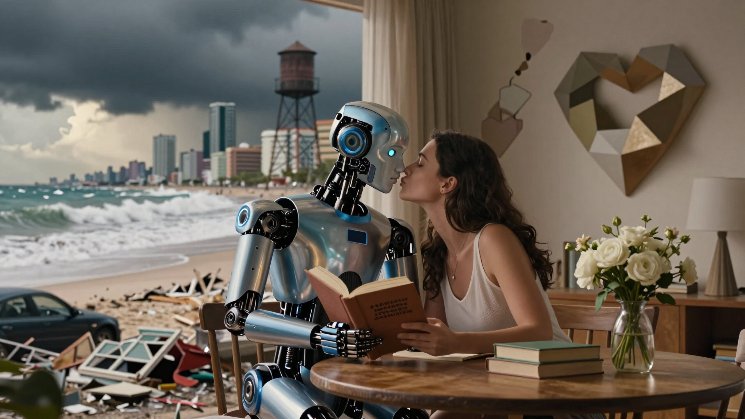 Robot and Woman Sharing a Kiss