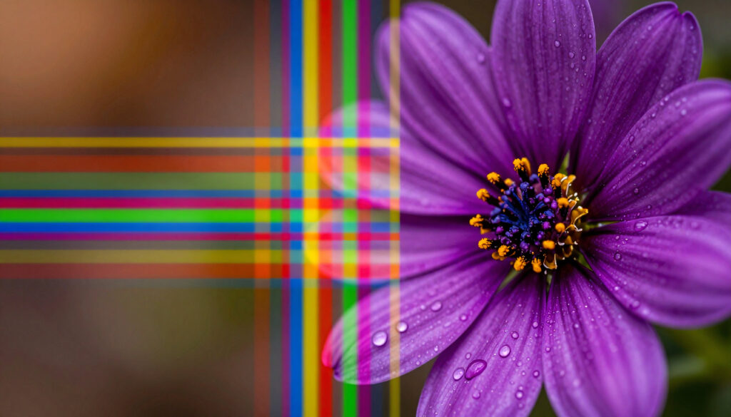 Vibrant Purple Flower with Water Droplets and Rainbow Grid Overl