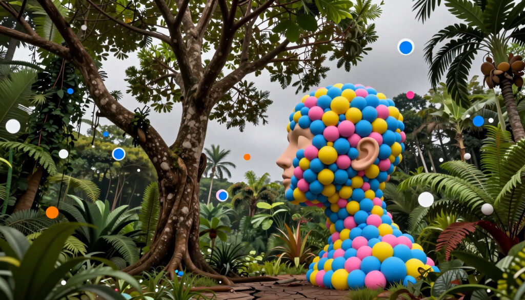 Surreal Pop Art Sphere Sculpture in Lush Tropical Garden Setting
