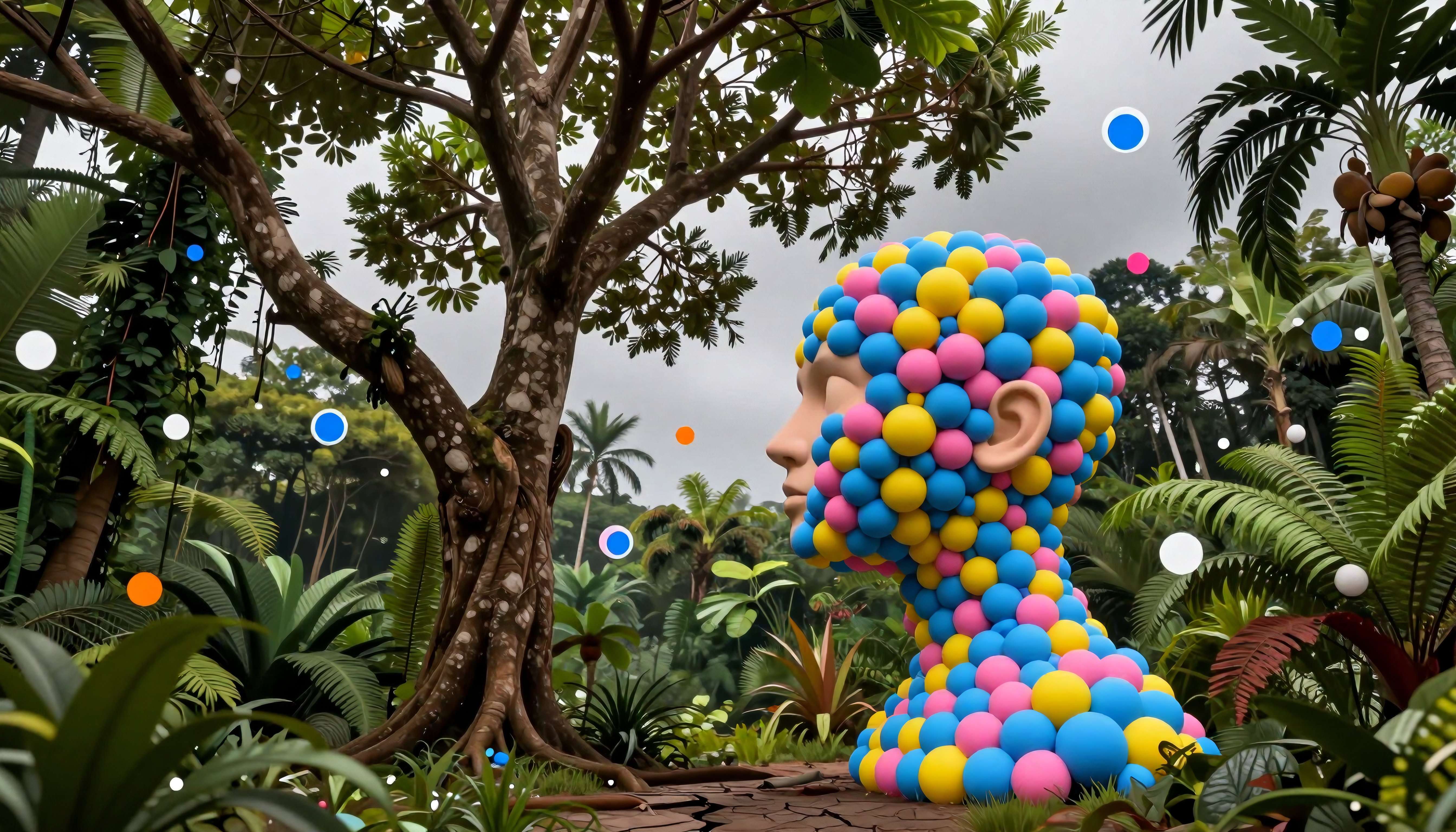 Surreal Pop Art Sphere Sculpture in Tropical Garden