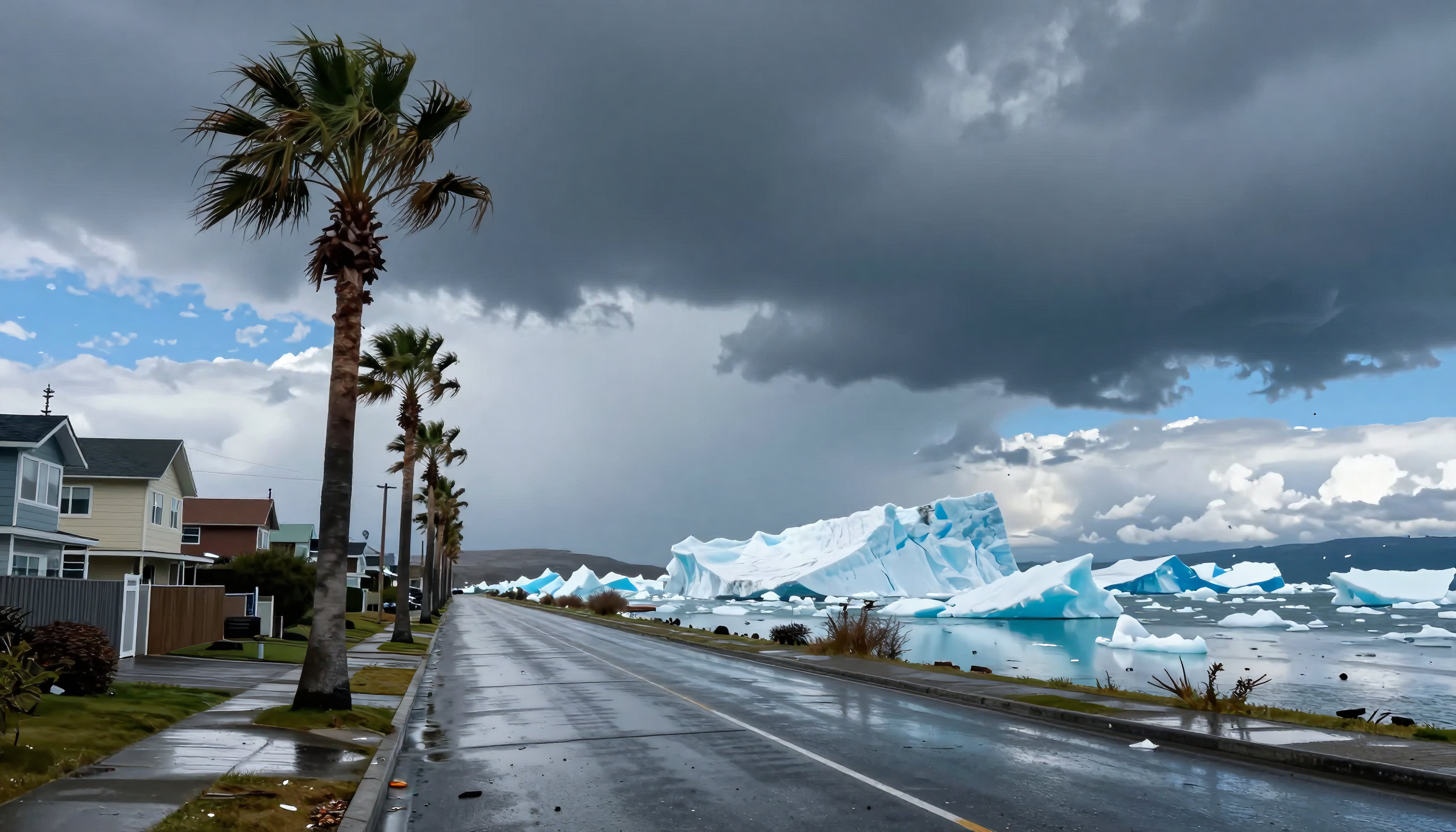 Stormy Sky Over Coastal Town and Massive Blue Icebergs