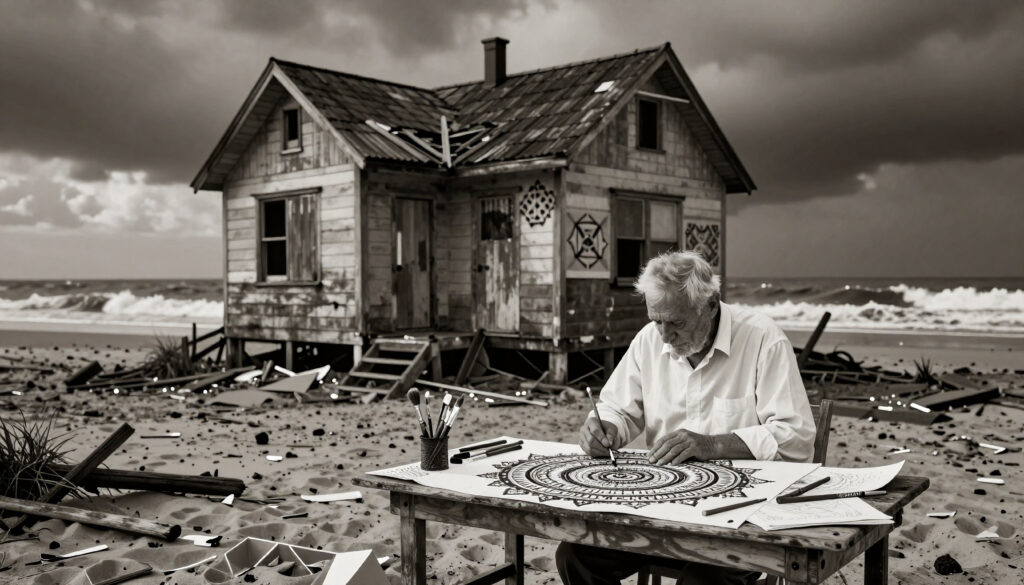 Artist Sketching on a Storm-Damaged Beach Cottage