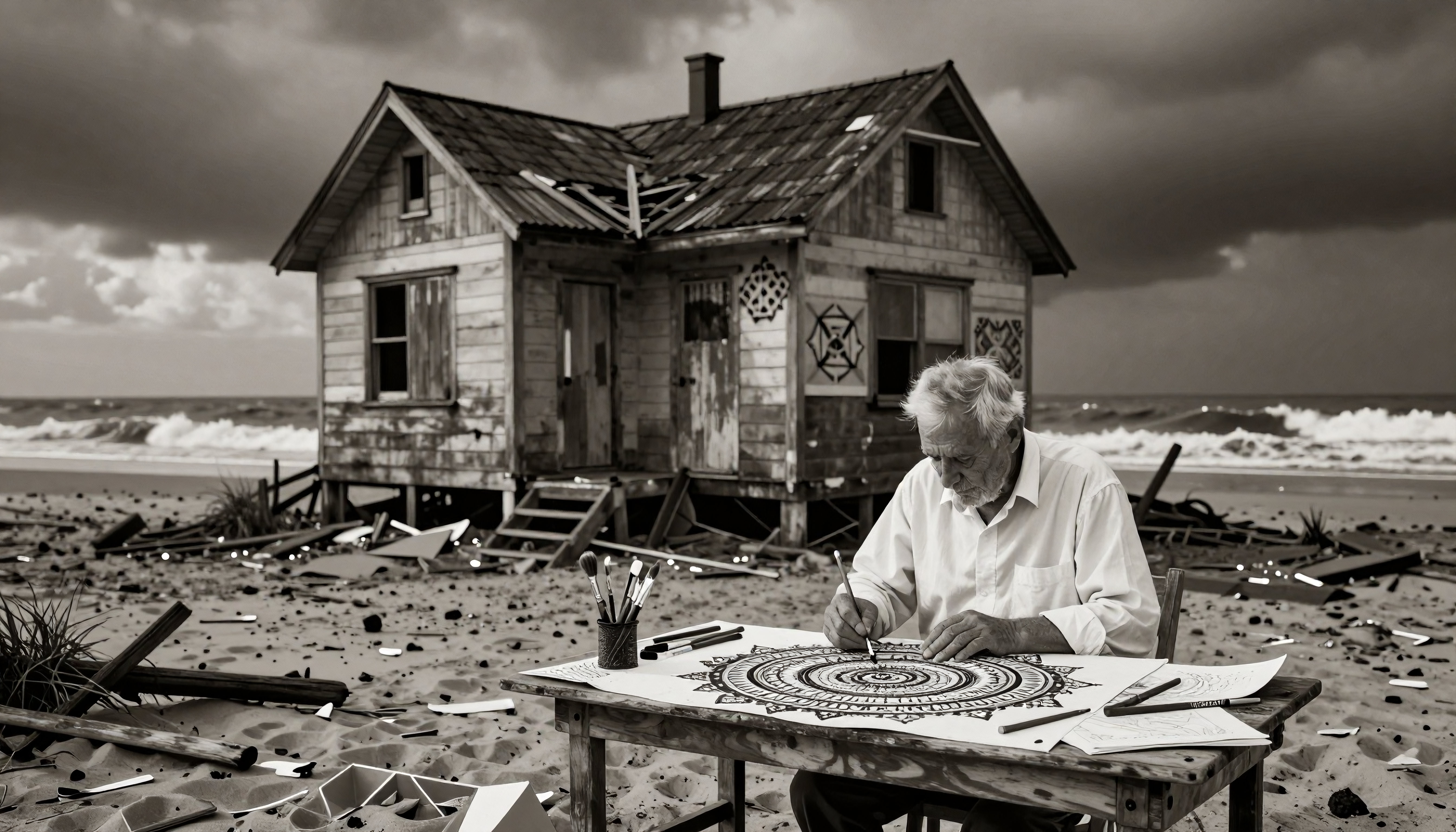 Artist Sketching on a Storm-Damaged Beach Cottage