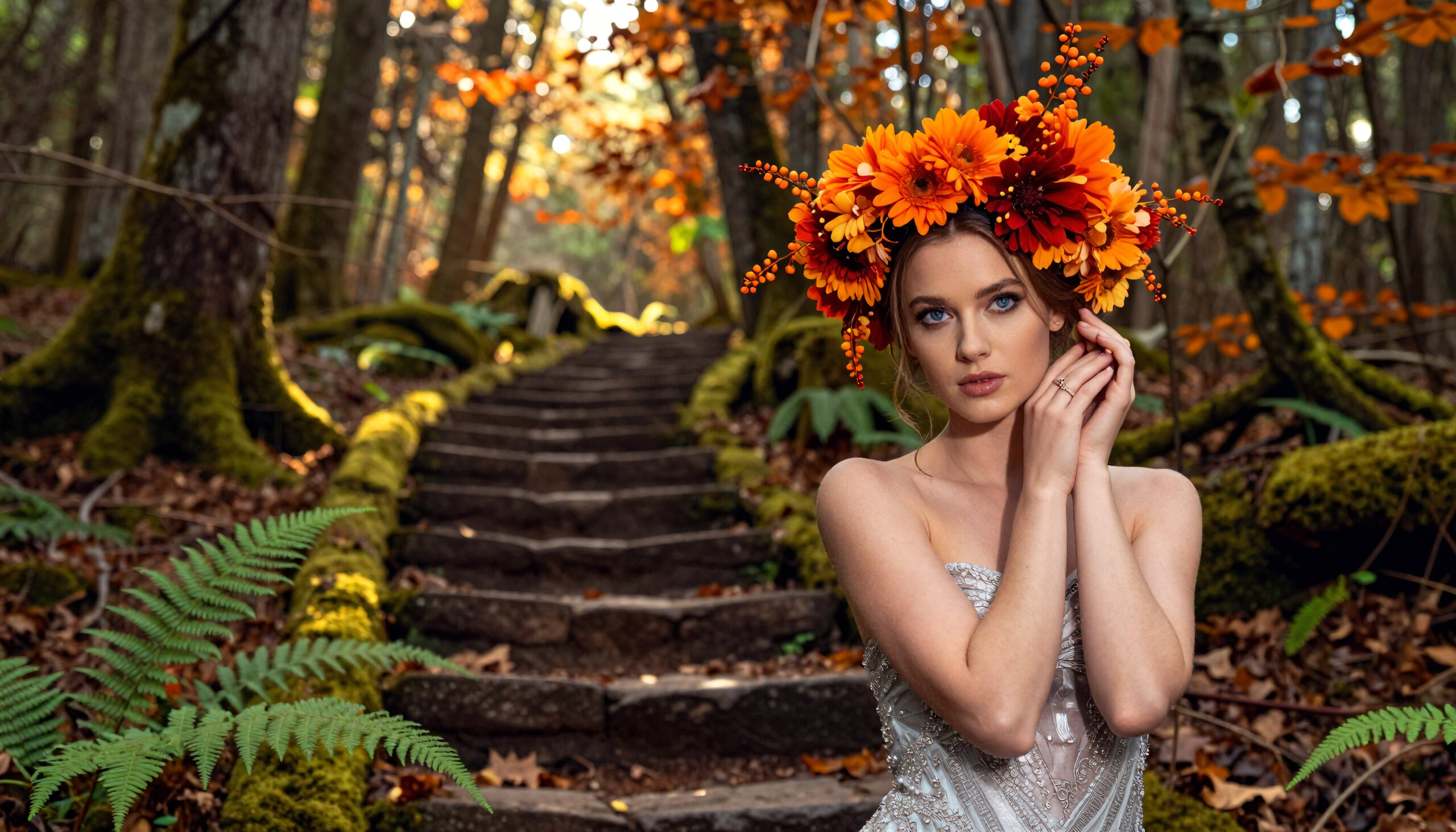 A Woman with Floral Crown in a Mystical Forest