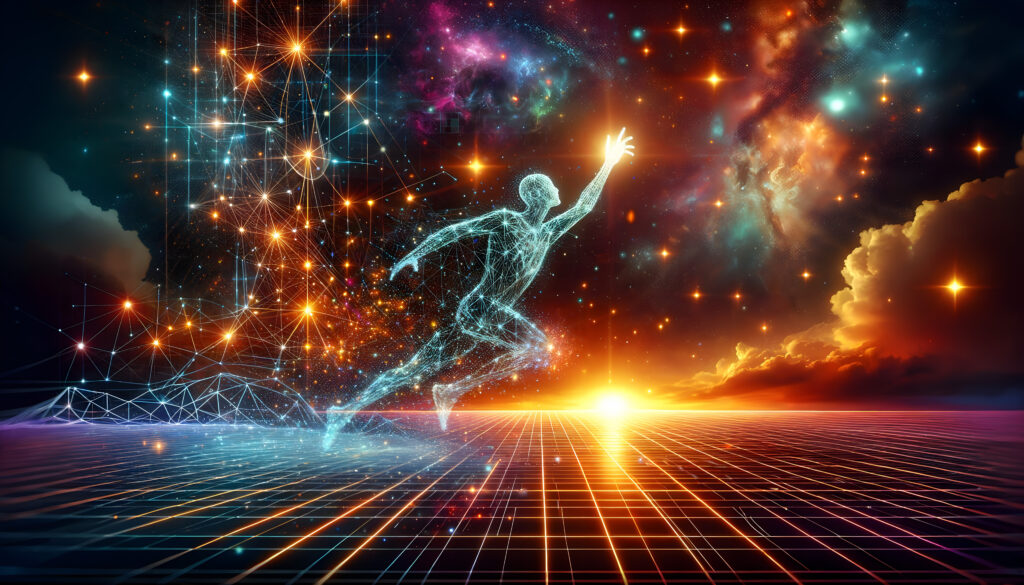 Digital runner reaching for stars on glowing grid under cosmic skies