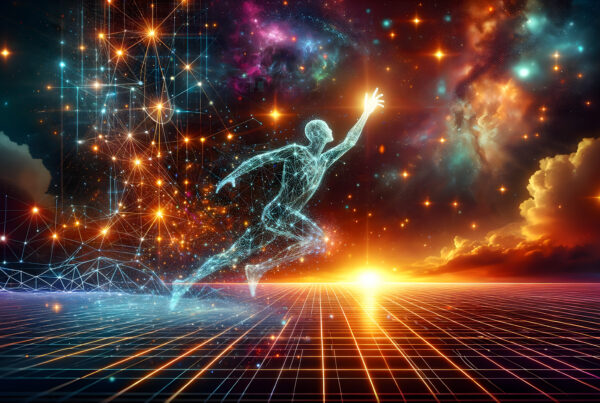 Digital runner reaching for stars on glowing grid under cosmic skies
