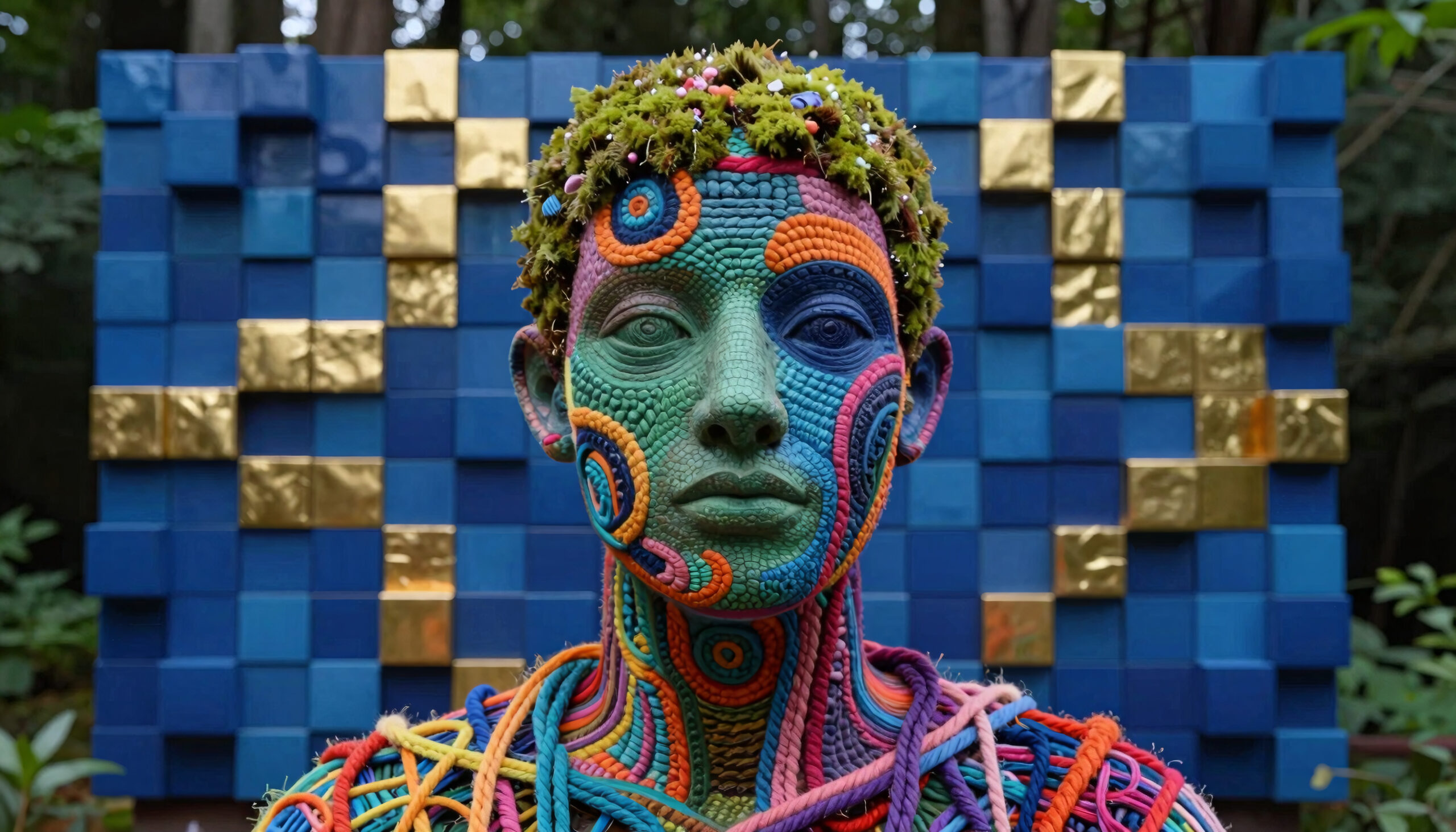 Vibrant Moss-Crowned Art Sculpture