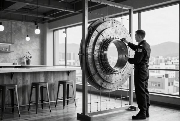 Man in uniform examines circular sculpture inside industrial-designed room.