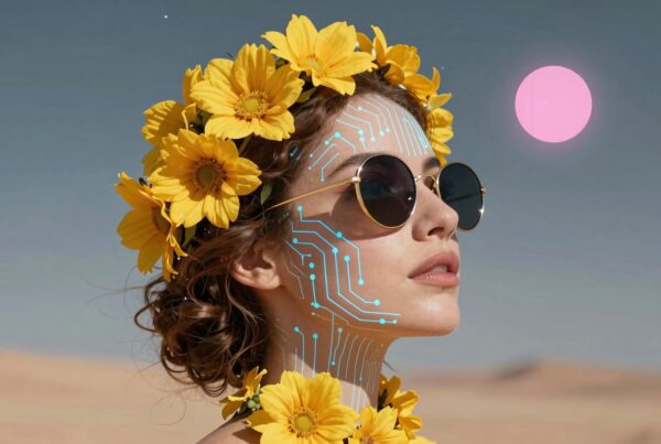 A woman with a yellow flower crown and circuit patterns on her face stands in a desert under a pink sun.