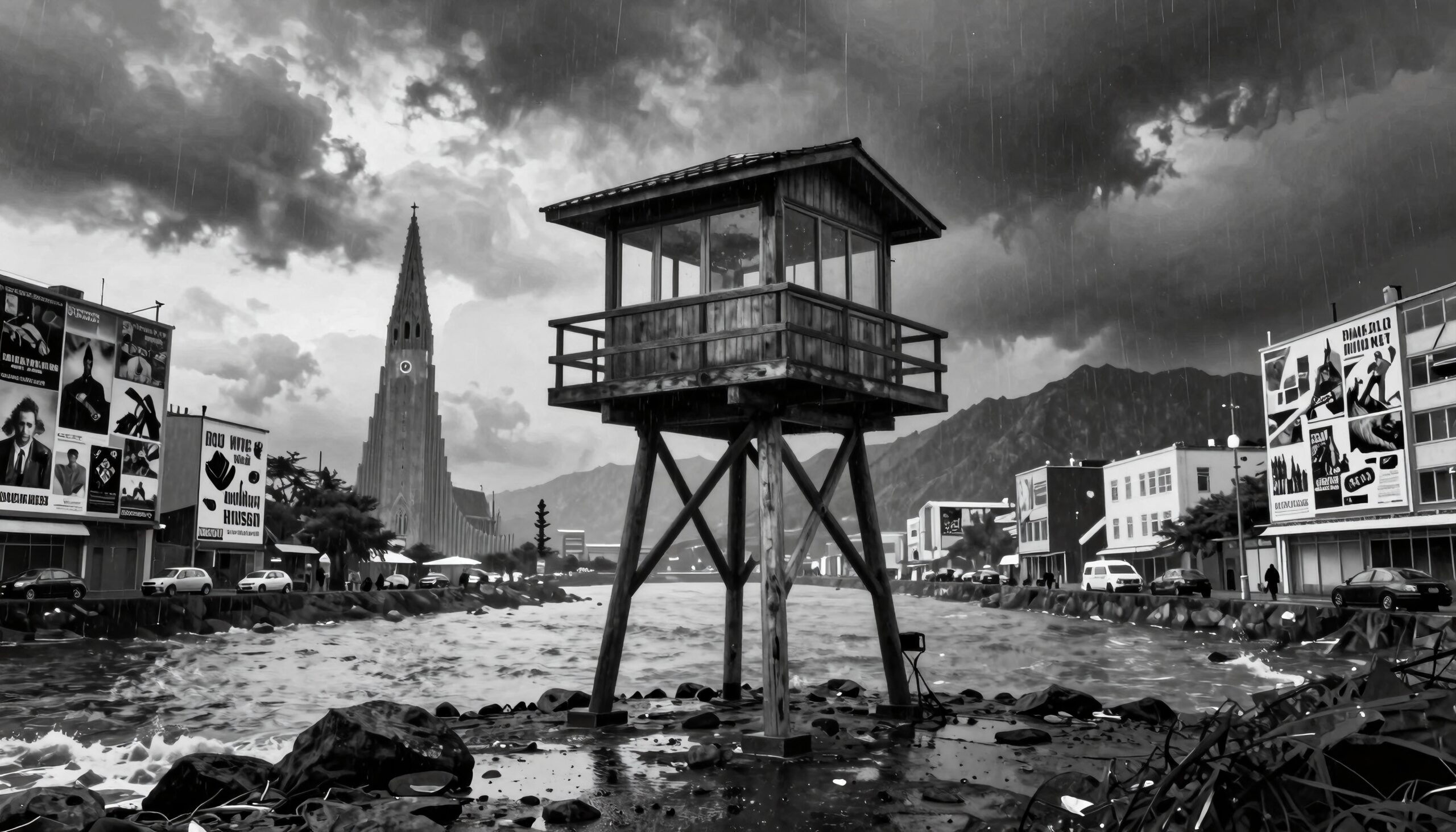 Monochrome urban scene with watchtower