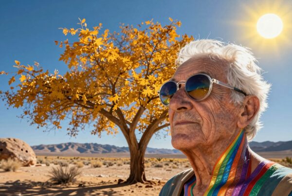 Elderly man in reflective sunglasses with rainbow collar stands against a serene desert landscape under bright sunlight.