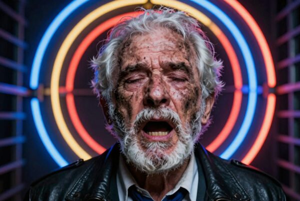 Elderly man, weathered face, open mouth, neon lights background.