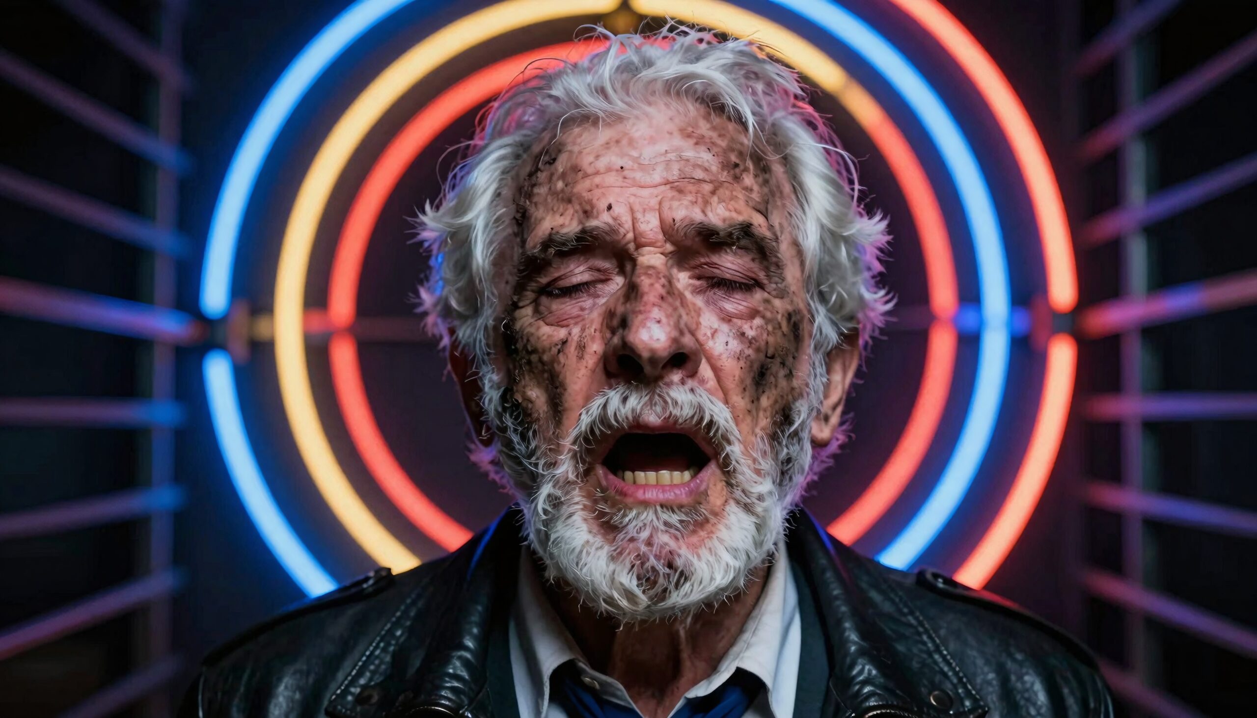 Elderly Man in Neon Light