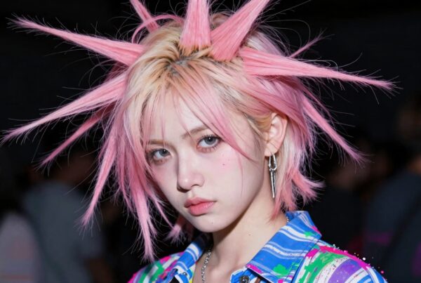 A person with bold pink spiky hair and a colorful shirt showcasing a unique fashion style.
