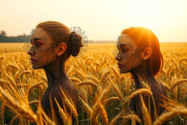 Two women with geometric designs in a wheat field at sunset.